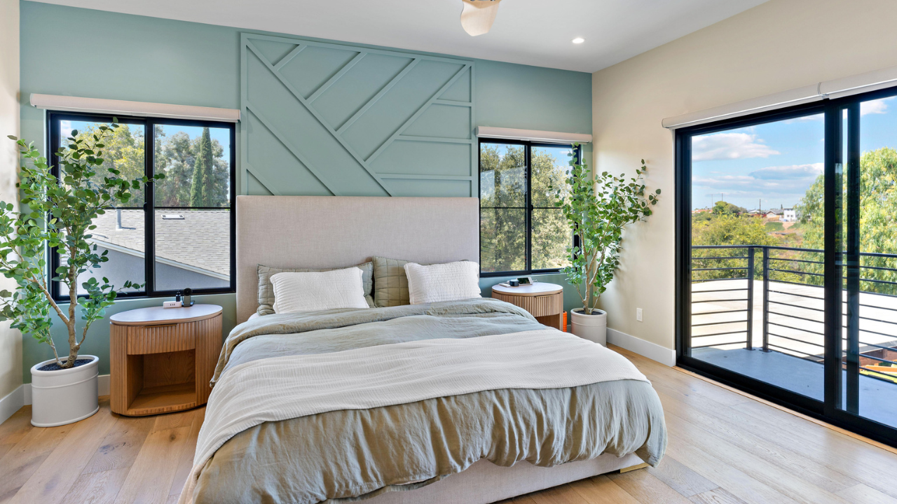 Bedroom storage wall and warm lights