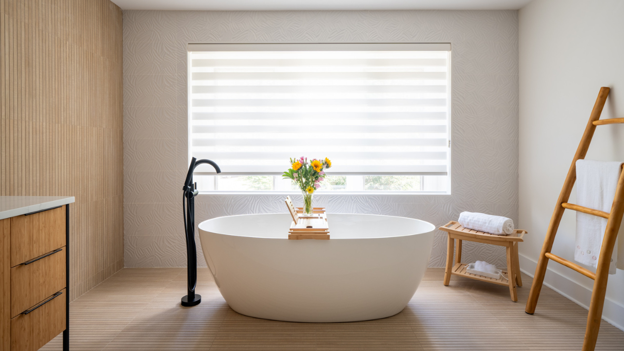 Spa-like bathroom with matte tiles